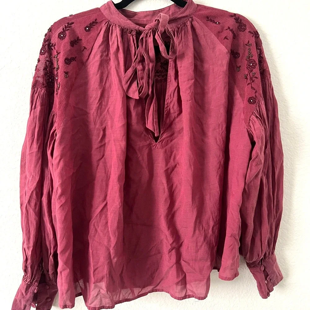 Free People Size XS Have‎ It My Way Top Beaded Tie Back Peasant Pink Boho Fairy